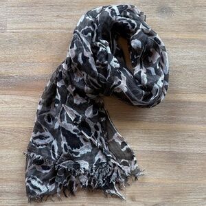Olive Green, Black, Tan  & White Floral Design Fringe Scarf